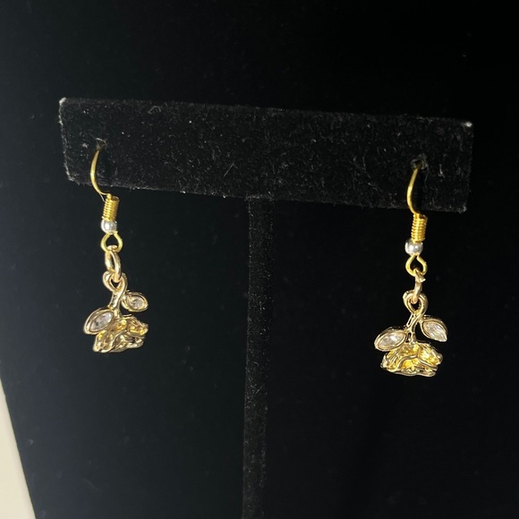 Nickel-Free Handmade Mini Rose Drop Earrings – Gold with Crystal Leaves NEW - Picture 5 of 7